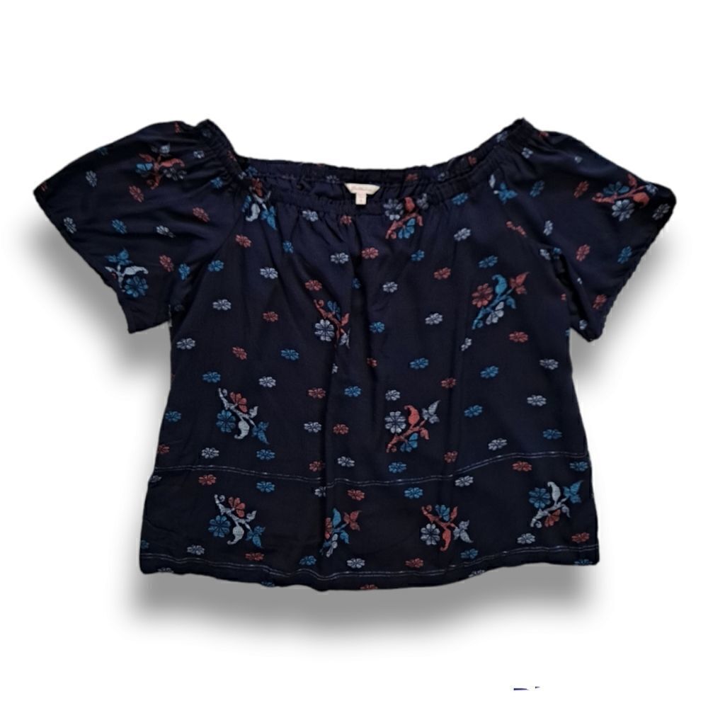 Beltaine Off the Shoulder Top Navy Blue Floral Medium